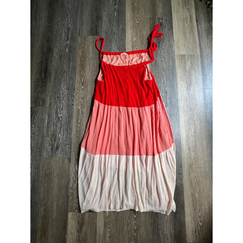 Entro Tiered Dress Womens Medium Red Pink Colorblock Excellent Tie Shoulder Midi